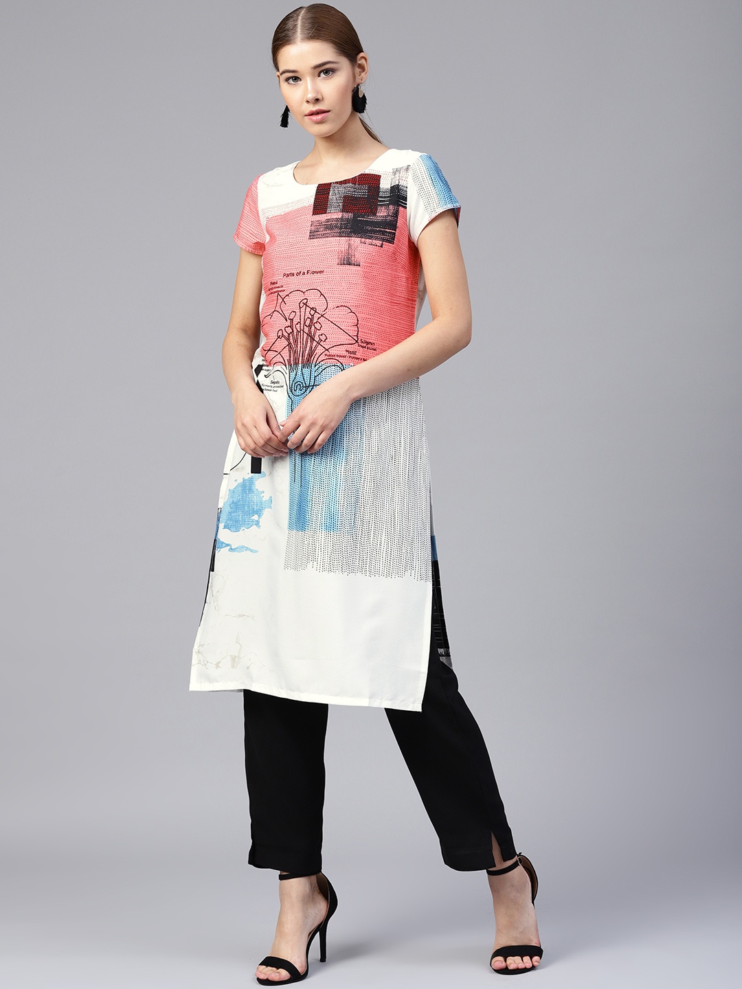 

W Women White & Pink Printed Straight Kurta