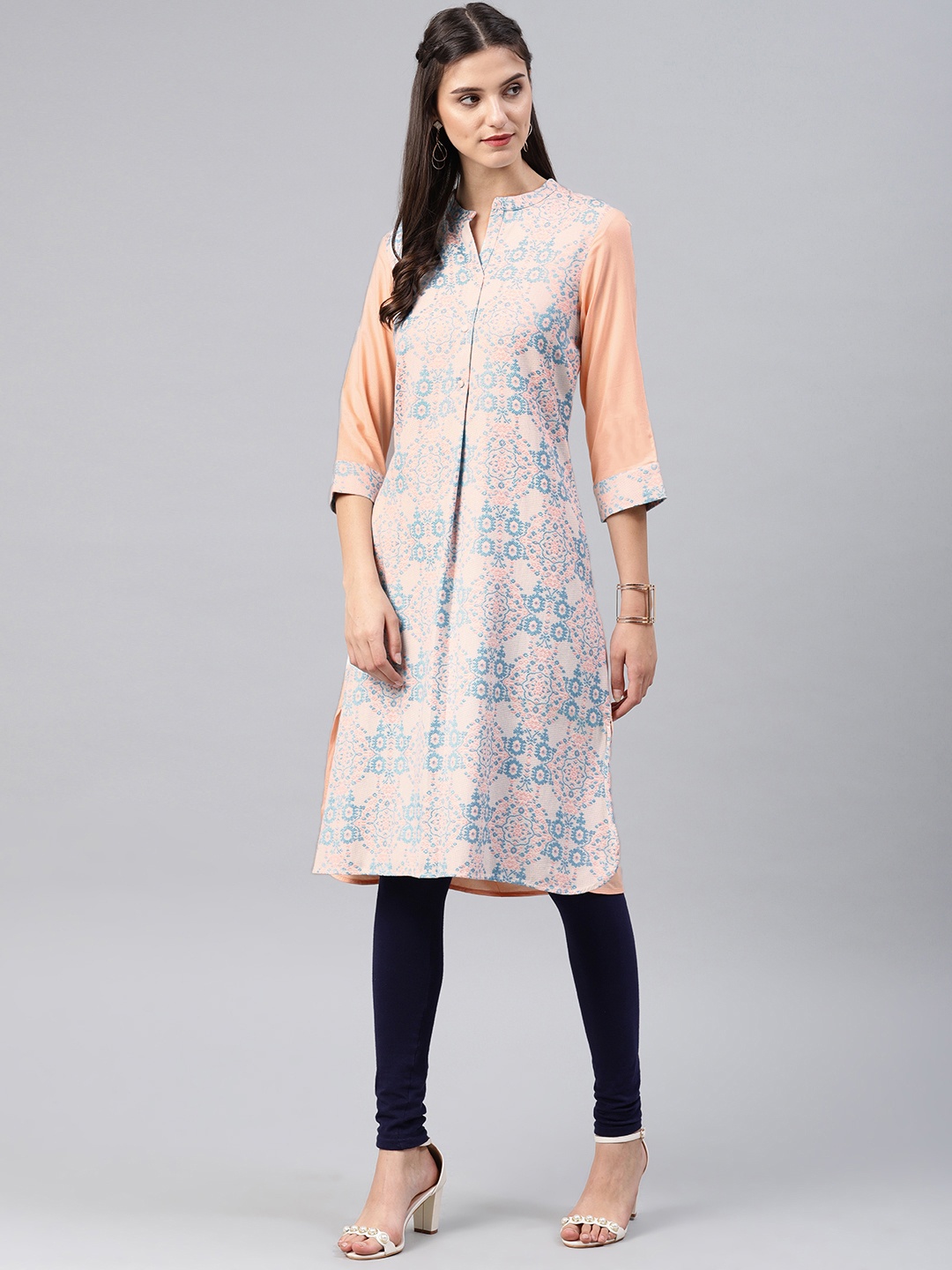 

W Women Blue & Peach-Coloured Woven Design Straight Kurta