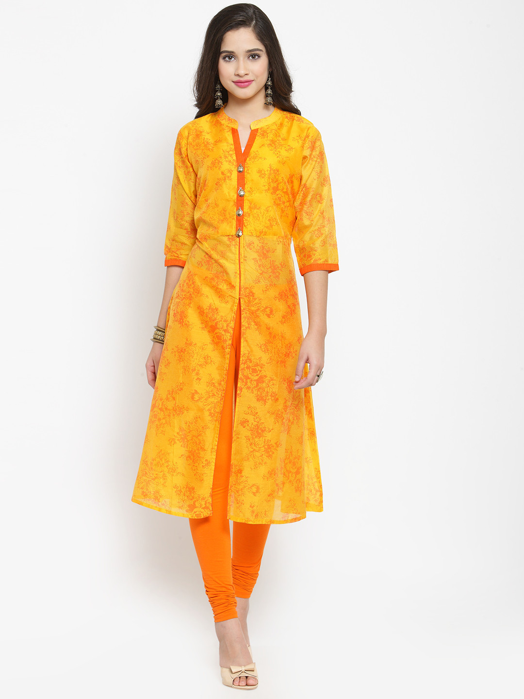 

Moedbuille Women Yellow & Orange Printed A-Line Kurta