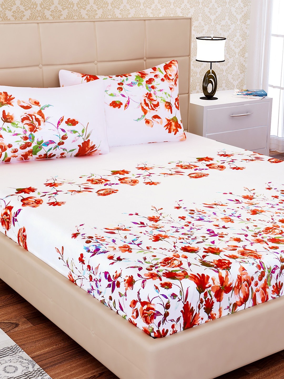 

SEJ by Nisha Gupta White & Red Floral Flat 210 TC 1 King Bedsheet with 2 Pillow Covers