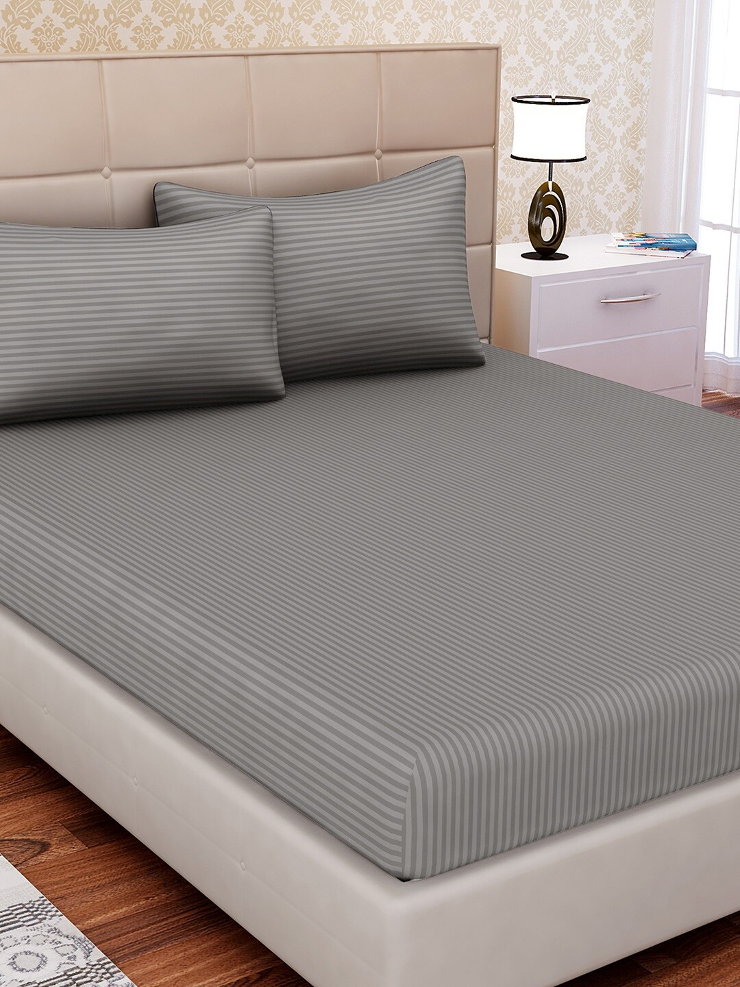 

SEJ by Nisha Gupta Grey Striped Flat 210 TC Cotton 1 Double Bedsheet with 2 Pillow Covers