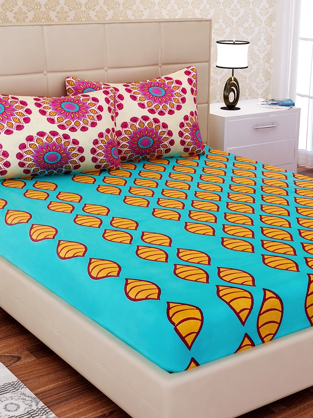 

SEJ by Nisha Gupta Blue Ethnic Motifs Flat 144 TC Cotton Double Bedsheet 2 Pillow Covers