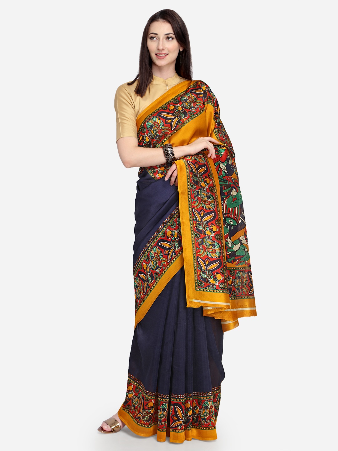 

Satrani Yellow & Navy Blue Poly Silk Solid Saree