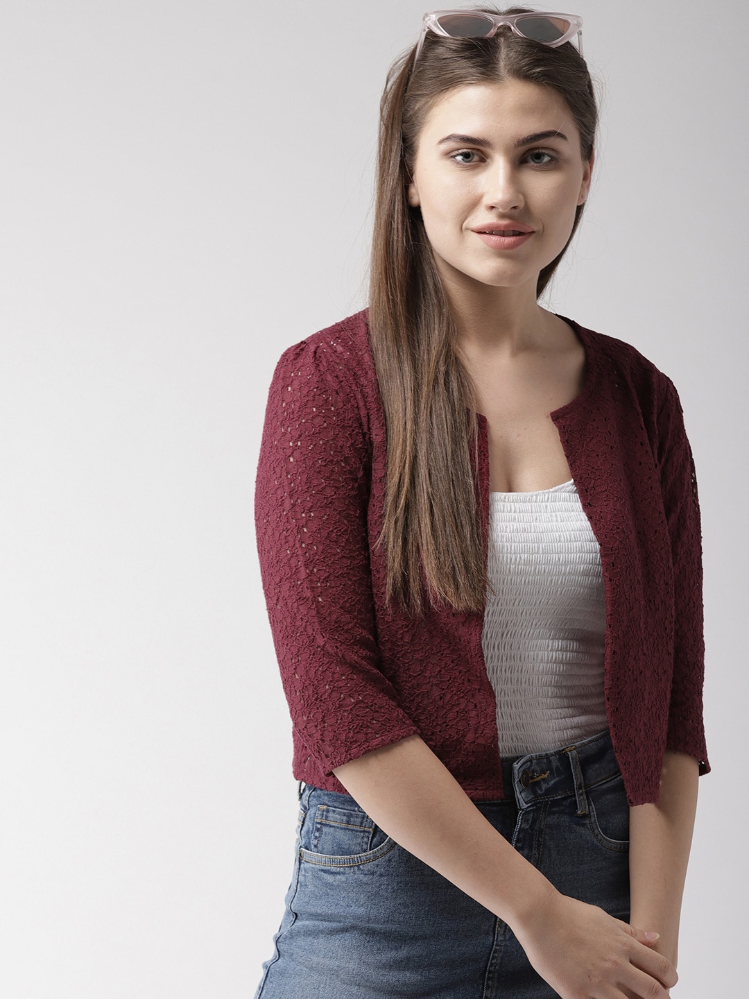 

Style Quotient Maroon Self Design Open Front Shrug