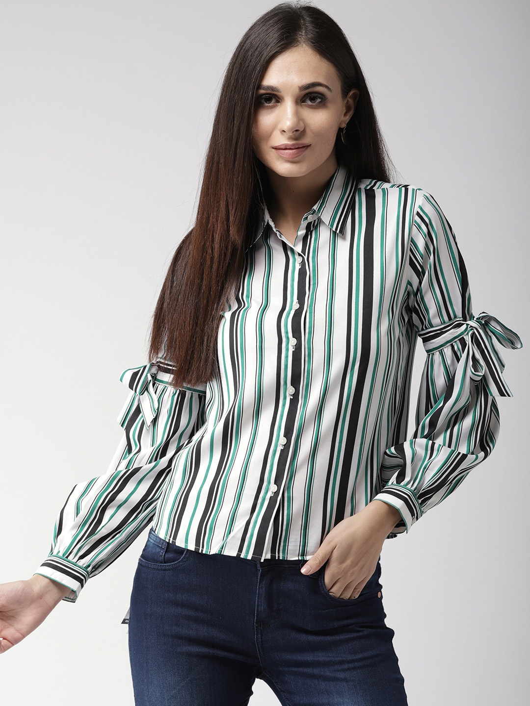 

Style Quotient Women White & Green Regular Fit Striped Casual Shirt