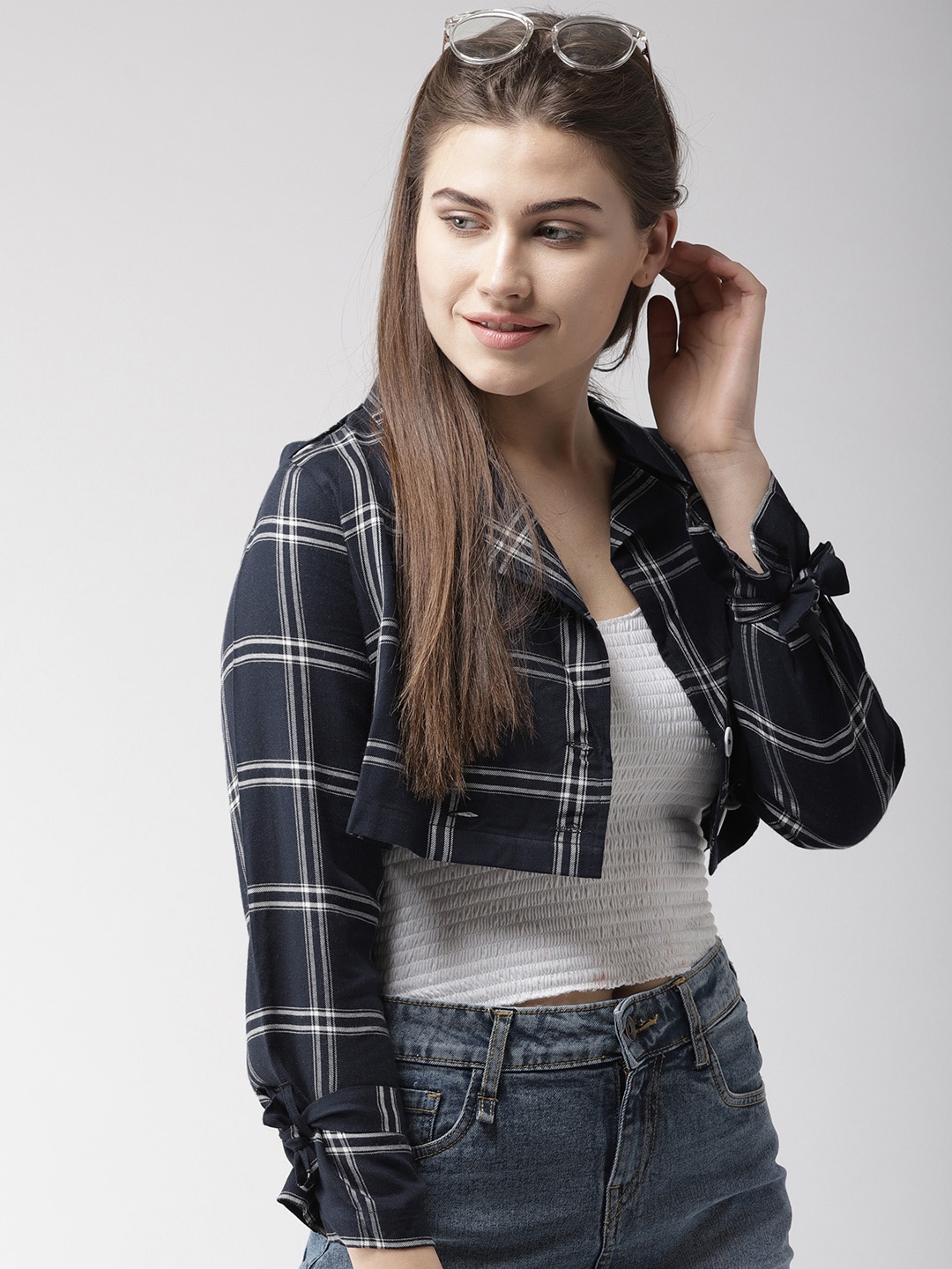 

Style Quotient Navy Blue & White Checked Lapel Crop Shrug