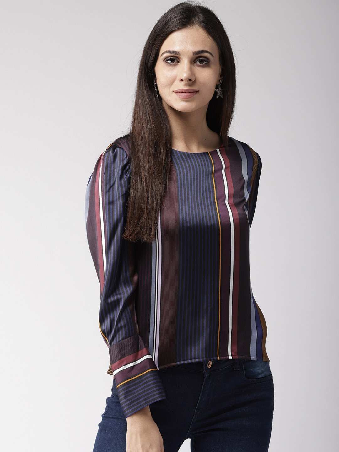 

Style Quotient Women Navy Blue & Maroon Striped Top