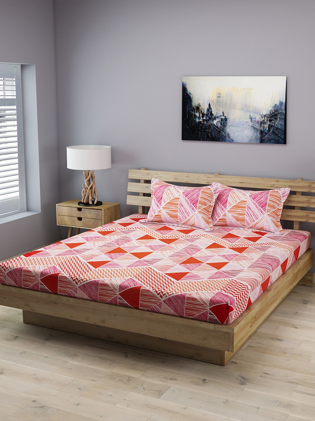 

ROMEE Multicoloured Geometric Flat 210 TC Cotton 1 King Bedsheet with 2 Pillow Covers, Multi