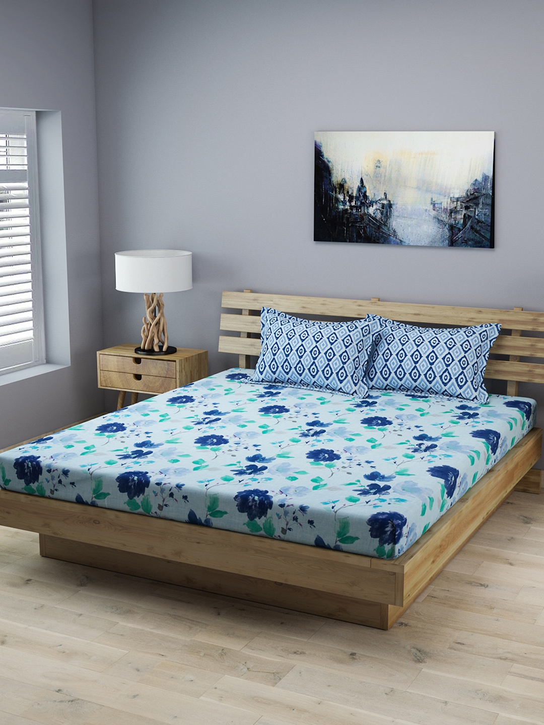 

ROMEE Blue Floral Printed 210 TC 1 King Bedsheet with 2 Pillow Covers