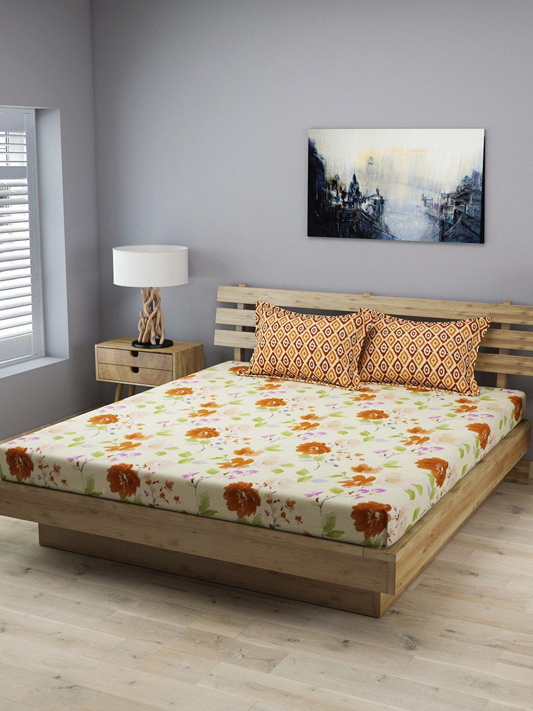 

ROMEE Beige Floral Printed 210 TC 1 King Bedsheet with 2 Pillow Covers