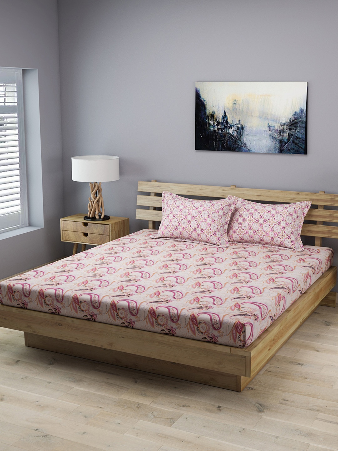 

ROMEE Pink Floral Fitted and Flat 210 TC Cotton Double Bedsheet with 2 Pillow Covers