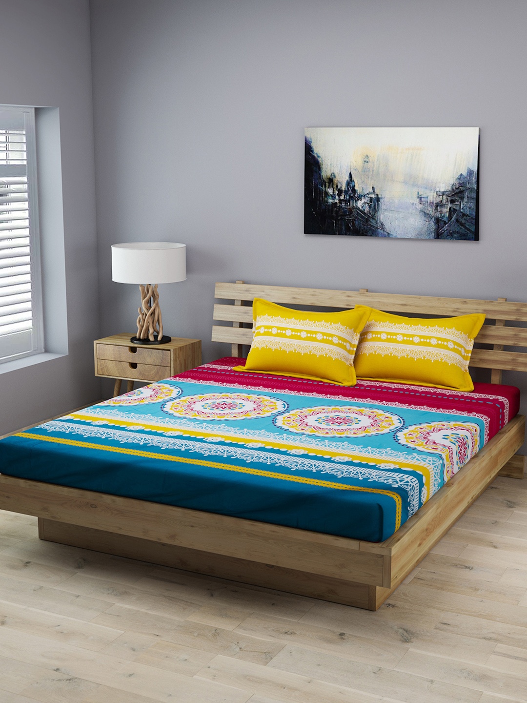 

ROMEE Multicoloured 210 TC Cotton 1 King Bedsheet with 2 Pillow Covers, Multi