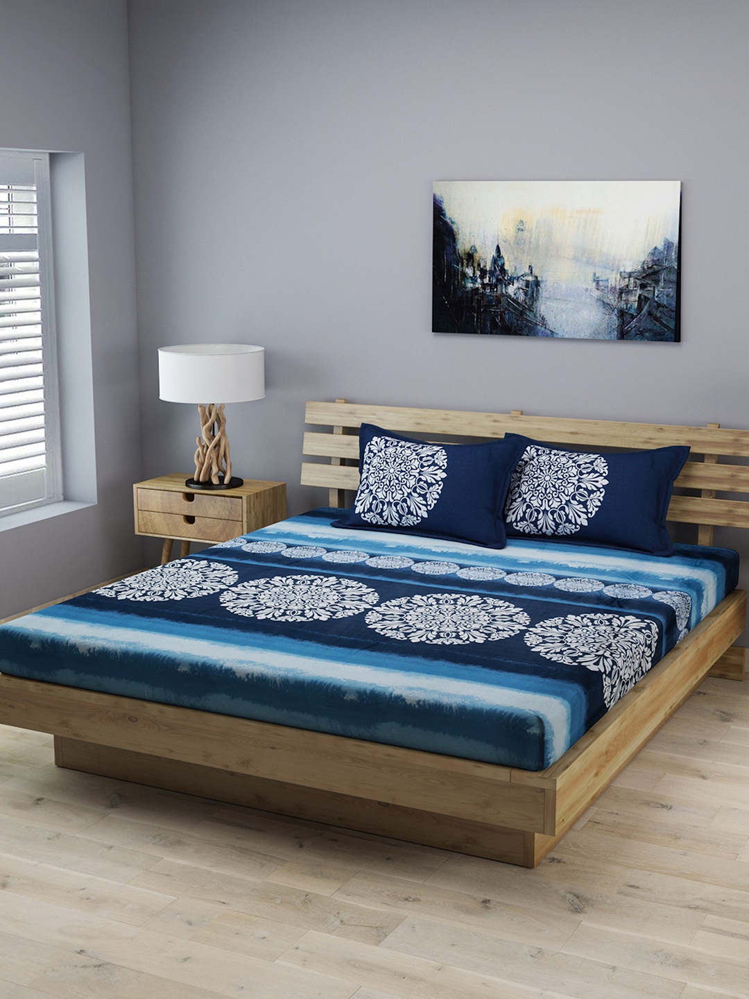 

ROMEE Blue Ethnic Motifs Fitted Flat 210 TC Cotton Double Bedsheet with 2 Pillow Covers