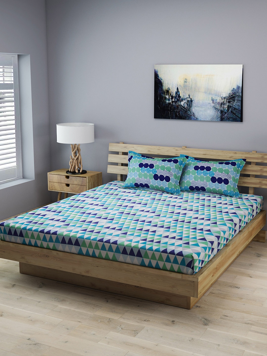 

ROMEE Blue Geometric Printed 210 TC 1 King Bedsheet with 2 Pillow Covers