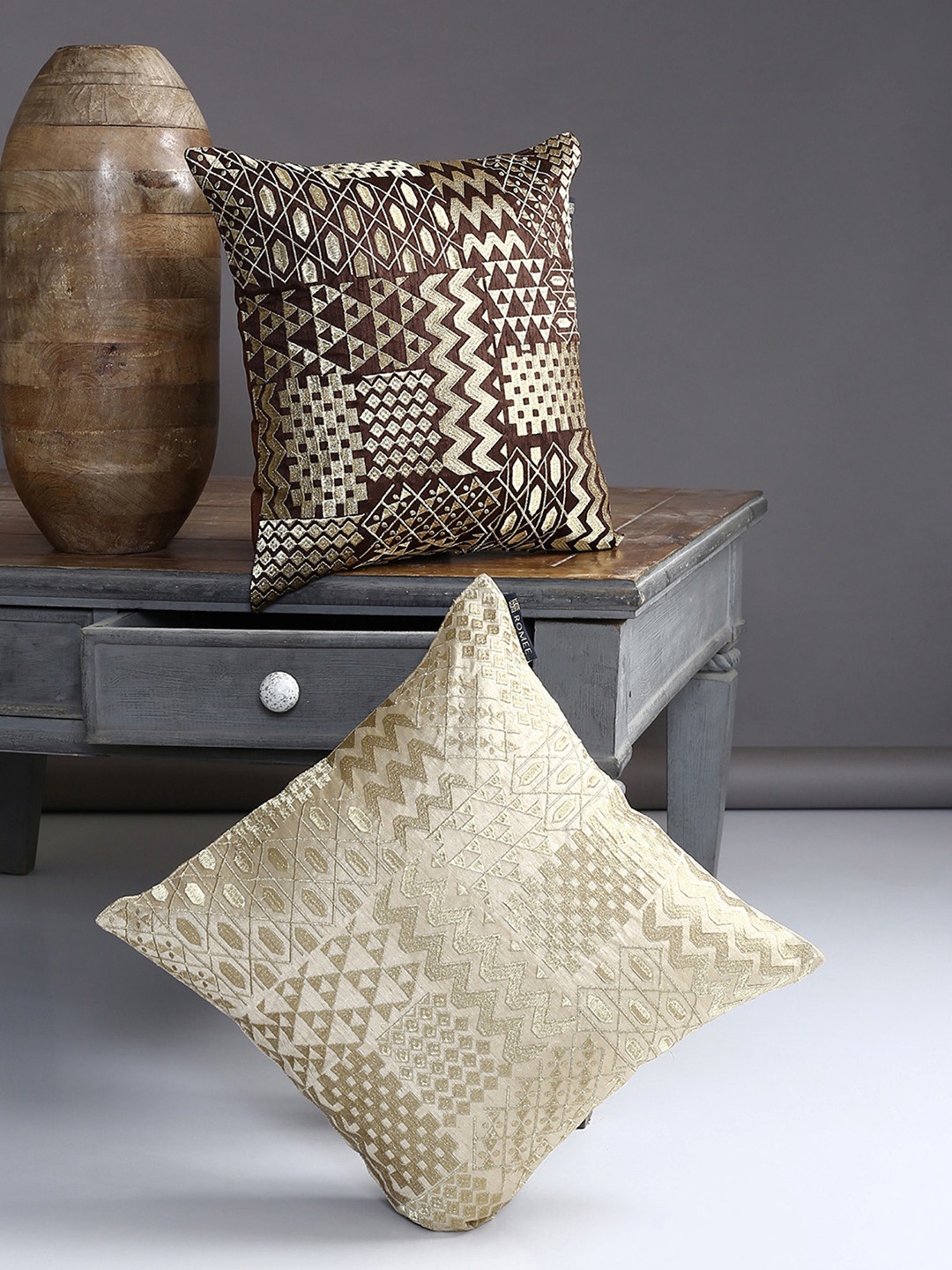 

ROMEE Brown & Gold Set of 2 Geometric Square Cushion Covers