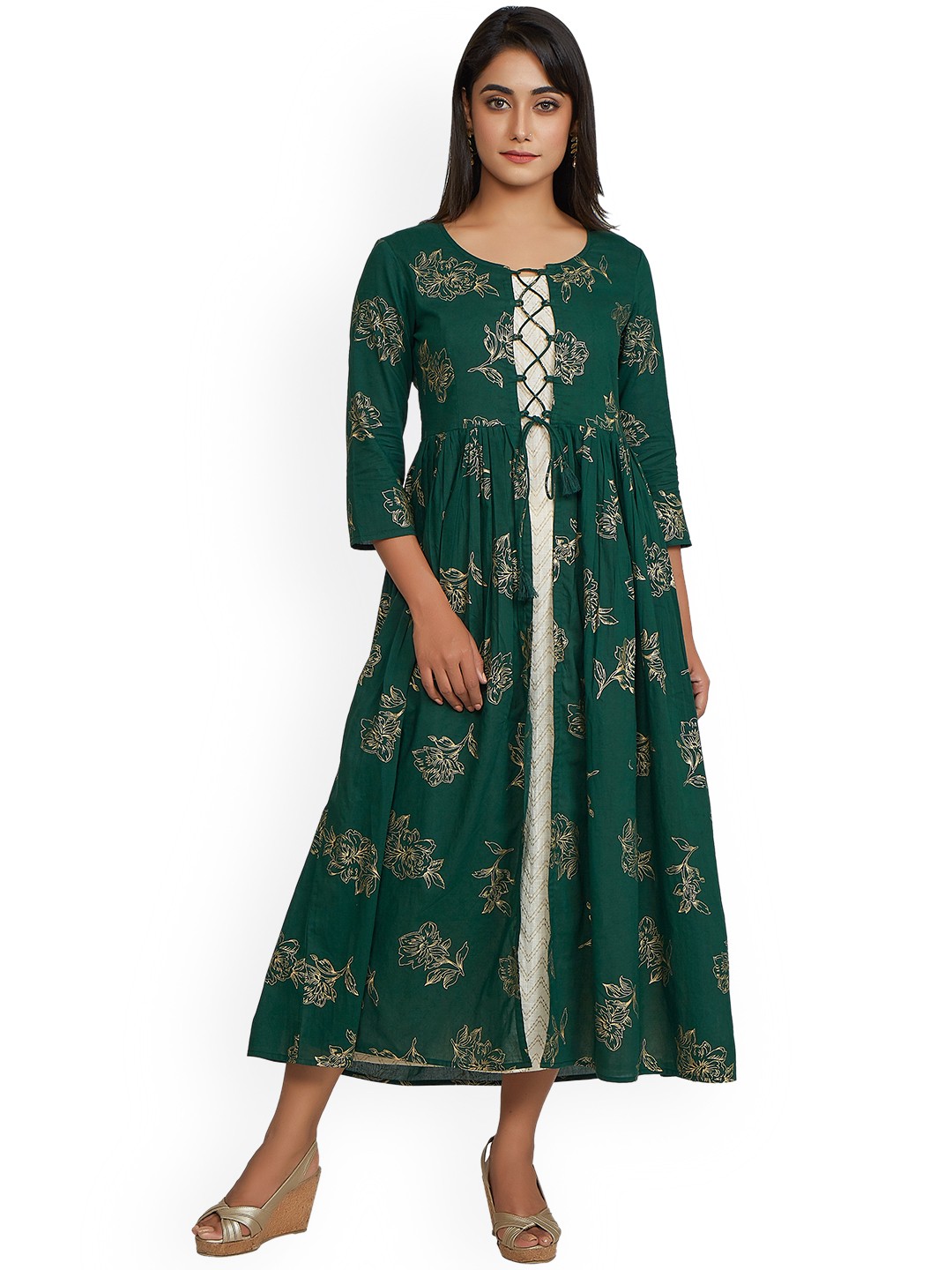 

anayna Women Green & Golden Block Print Anarkali Kurta
