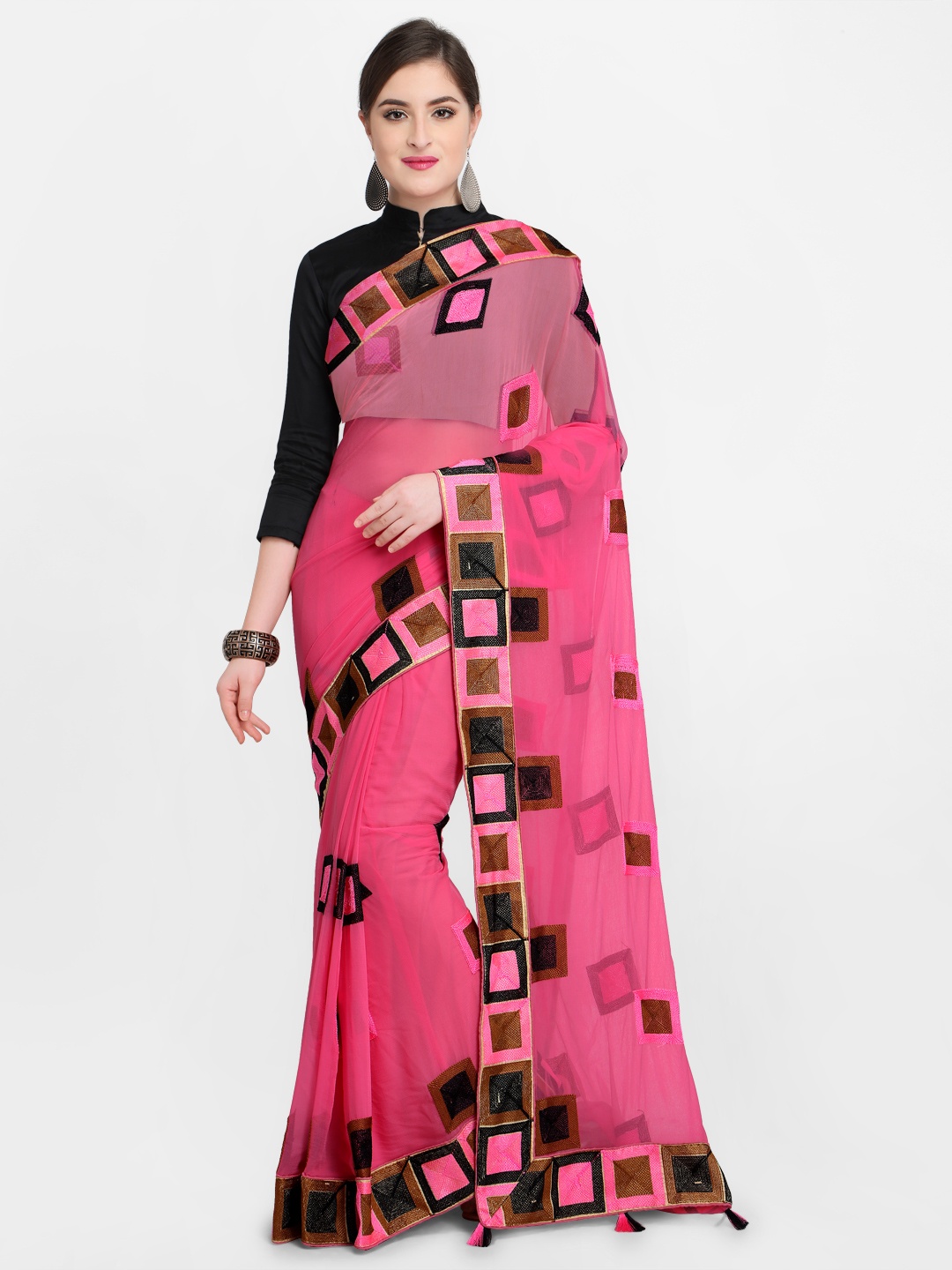 

Blissta Pink & Black Poly Chiffon Embroidered Saree
