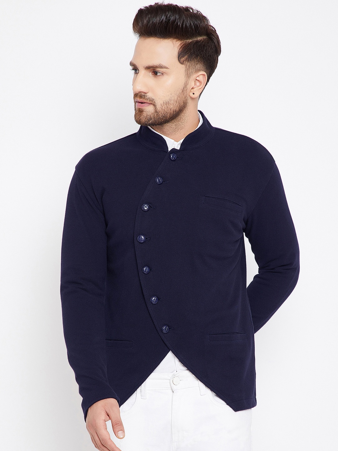 

Hypernation Men Navy Blue Single-Breasted Casual Blazer