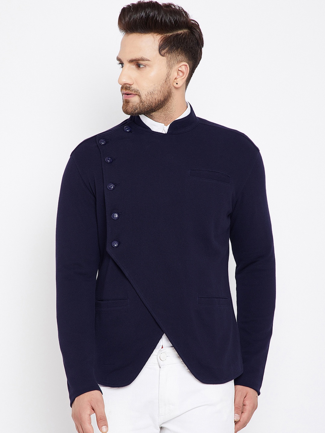 

Hypernation Men Navy Blue Single-Breasted Casual Pure Cotton Blazer