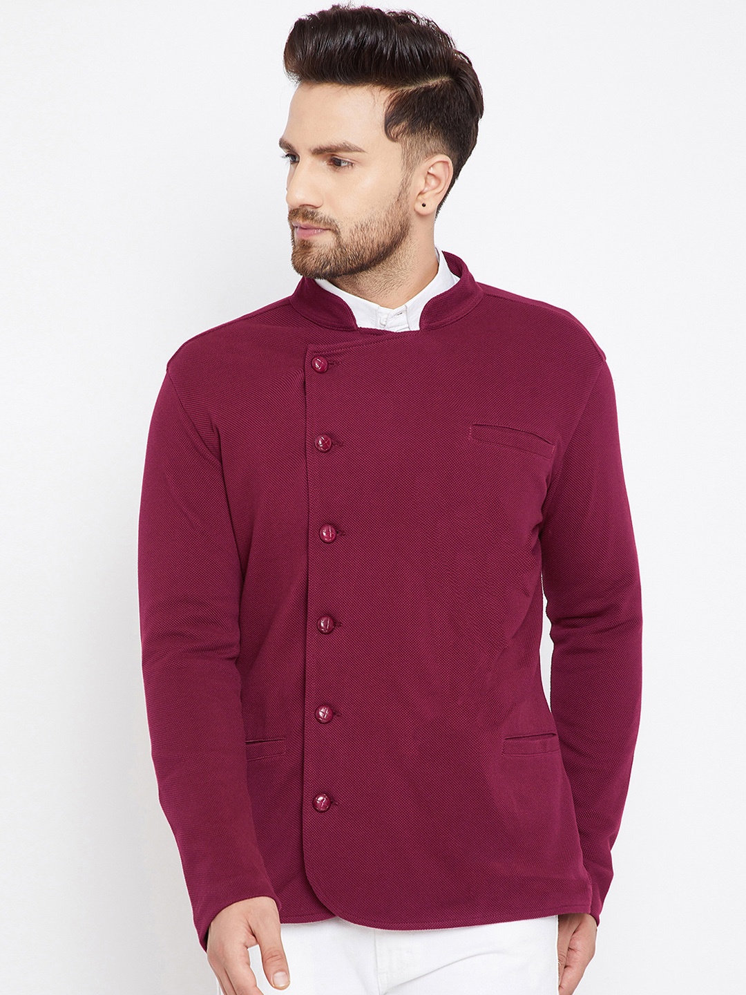 

Hypernation Men Maroon Single-Breasted Casual Pure Cotton Blazer