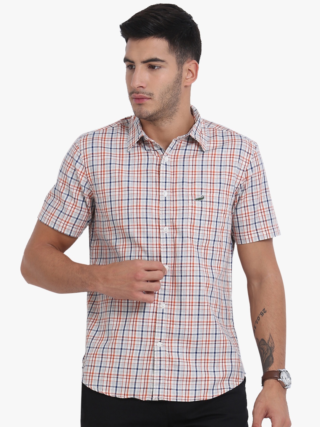 

Crocodile Men Orange & Blue Slim Fit Checked Casual Shirt