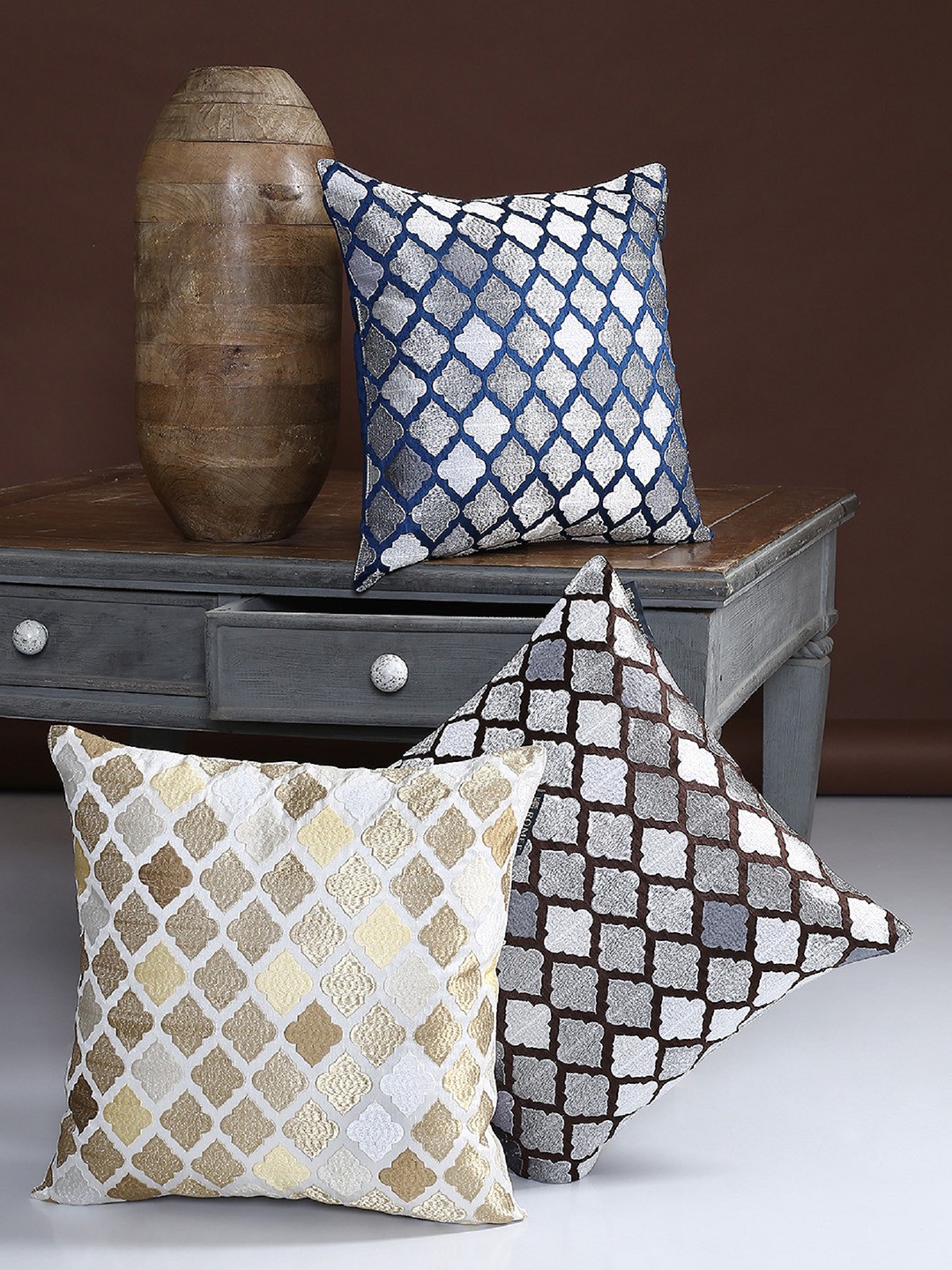 

ROMEE Multicoloured Set of 3 Ethnic Motifs Square Cushion Covers, Multi