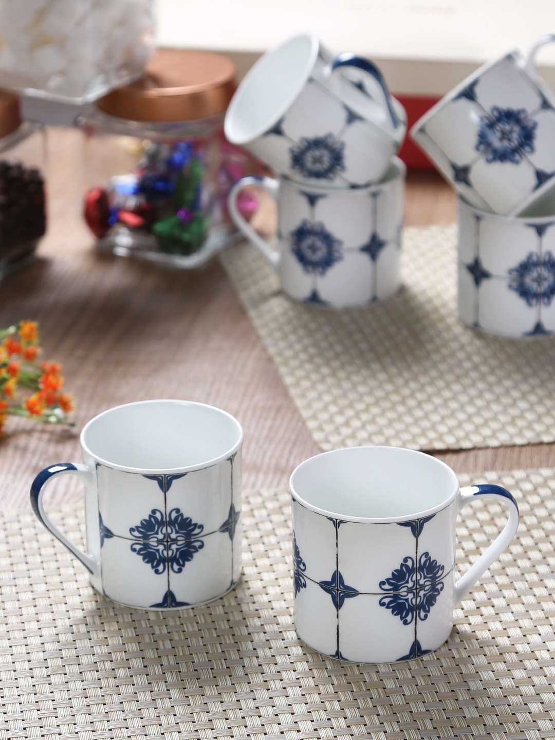 

GOODHOMES White & Blue 6-Pieces Printed Bone China Cups Set