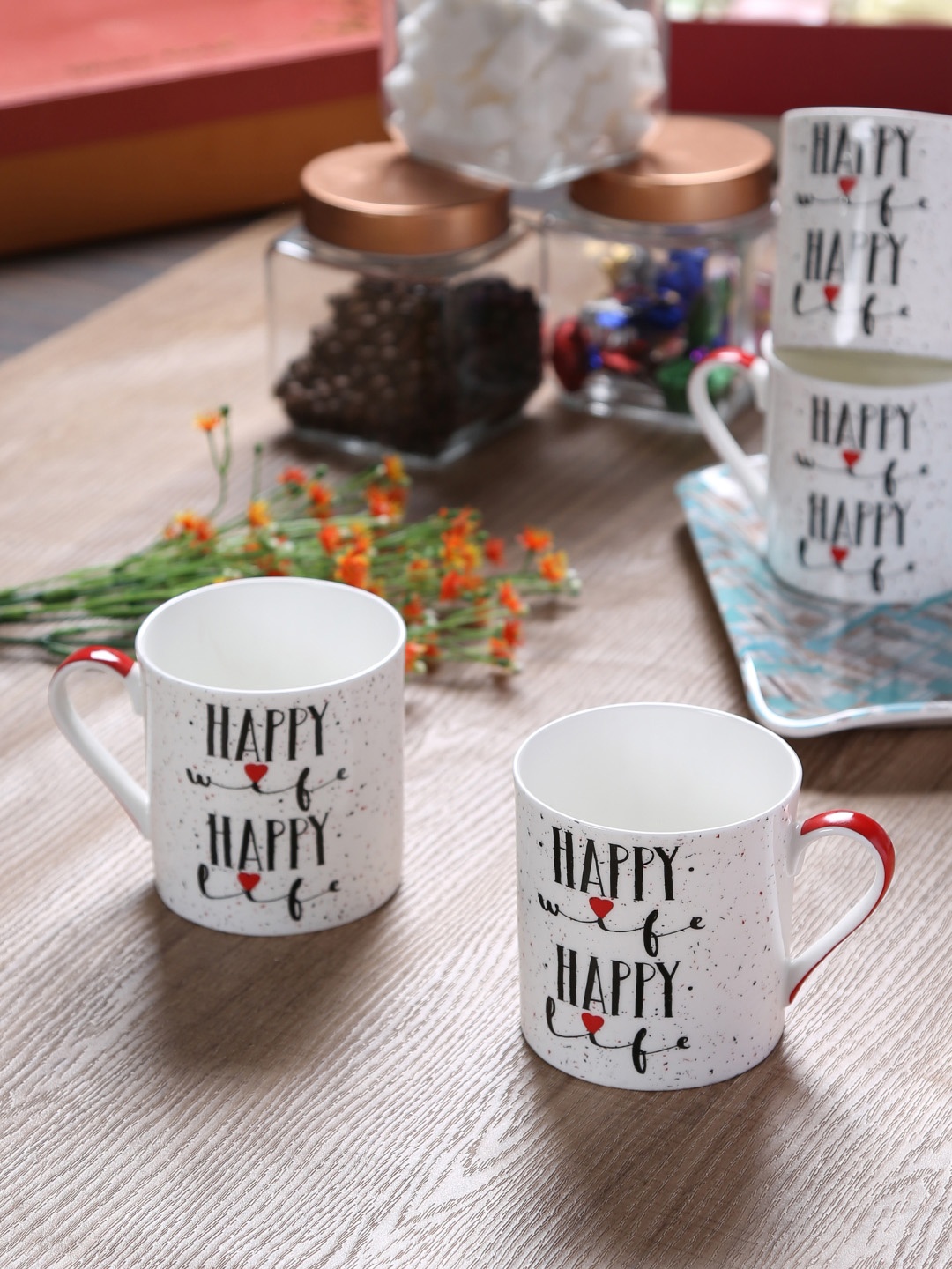 

GOODHOMES White 4-Pieces Printed Bone China Cups Set