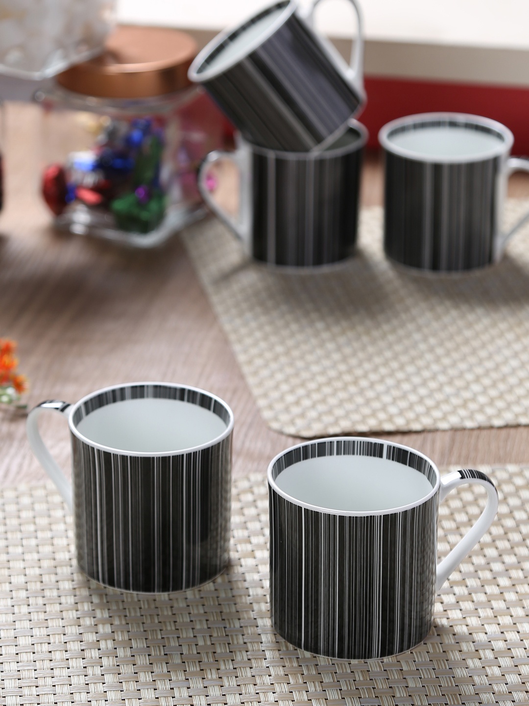 

GOODHOMES White & Black 6-Pieces Printed Bone China Cups Set