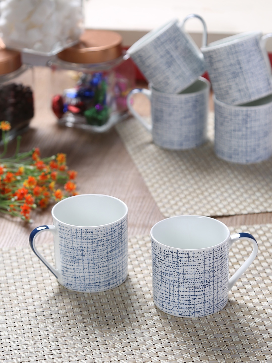 

GOODHOMES White & Blue Printed Bone China Cups Set