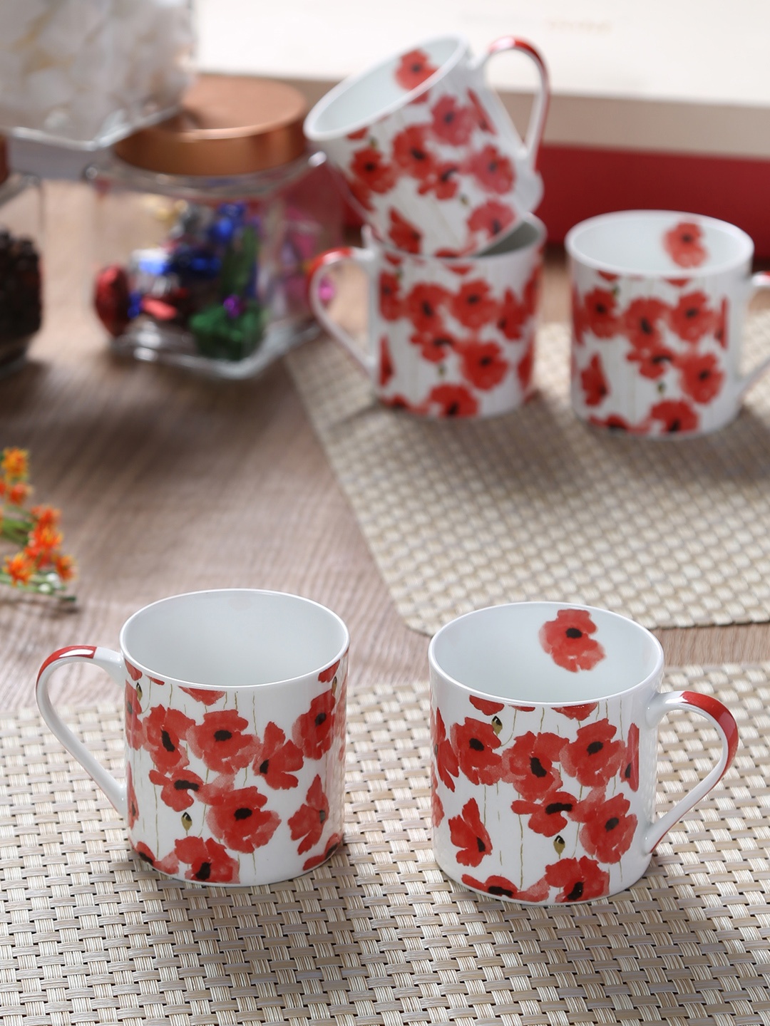 

GOODHOMES White & Red 6 Pieces Printed Bone China Cups Set