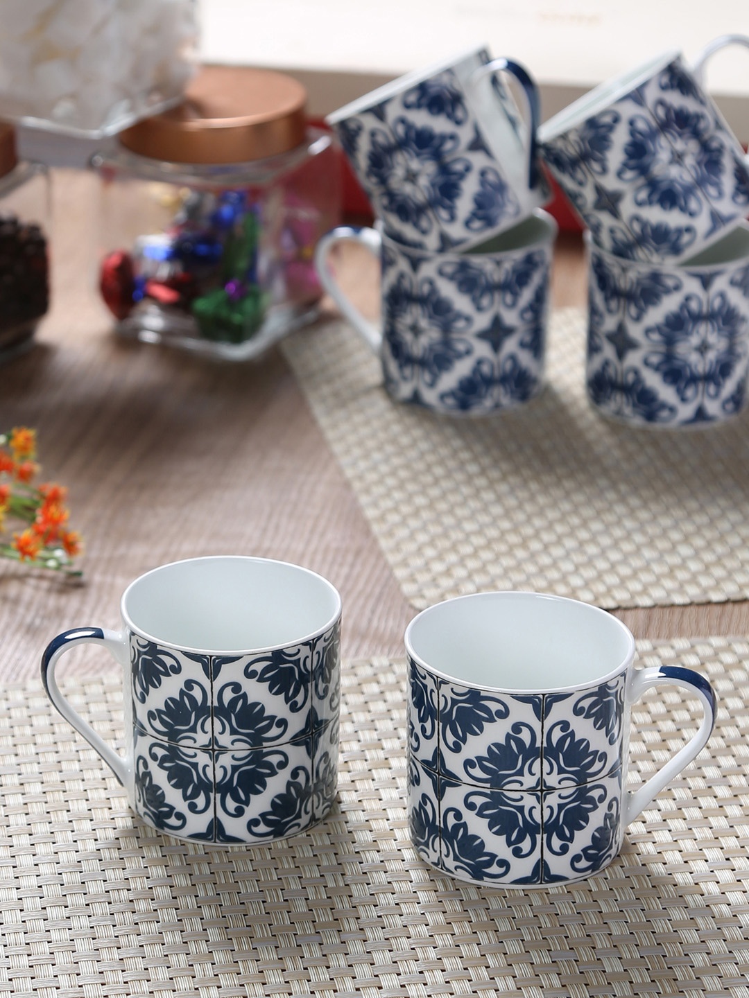 

GOODHOMES White & Blue Printed Bone China Cups Set