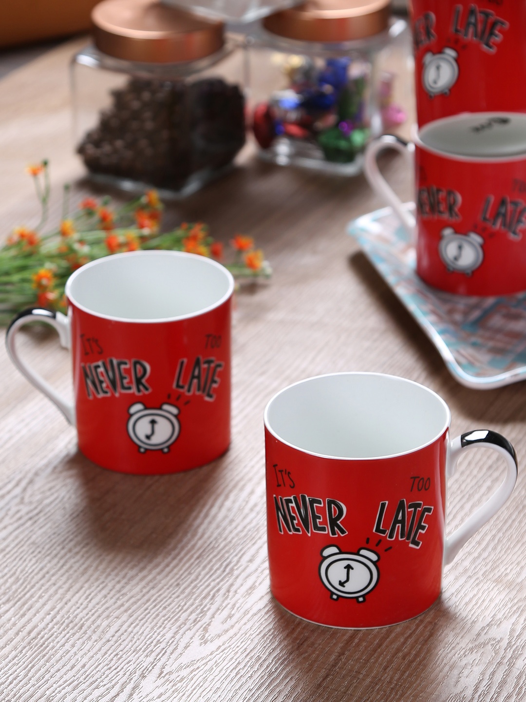 GOODHOMES Red 4-Pieces Printed Bone China Cups Set