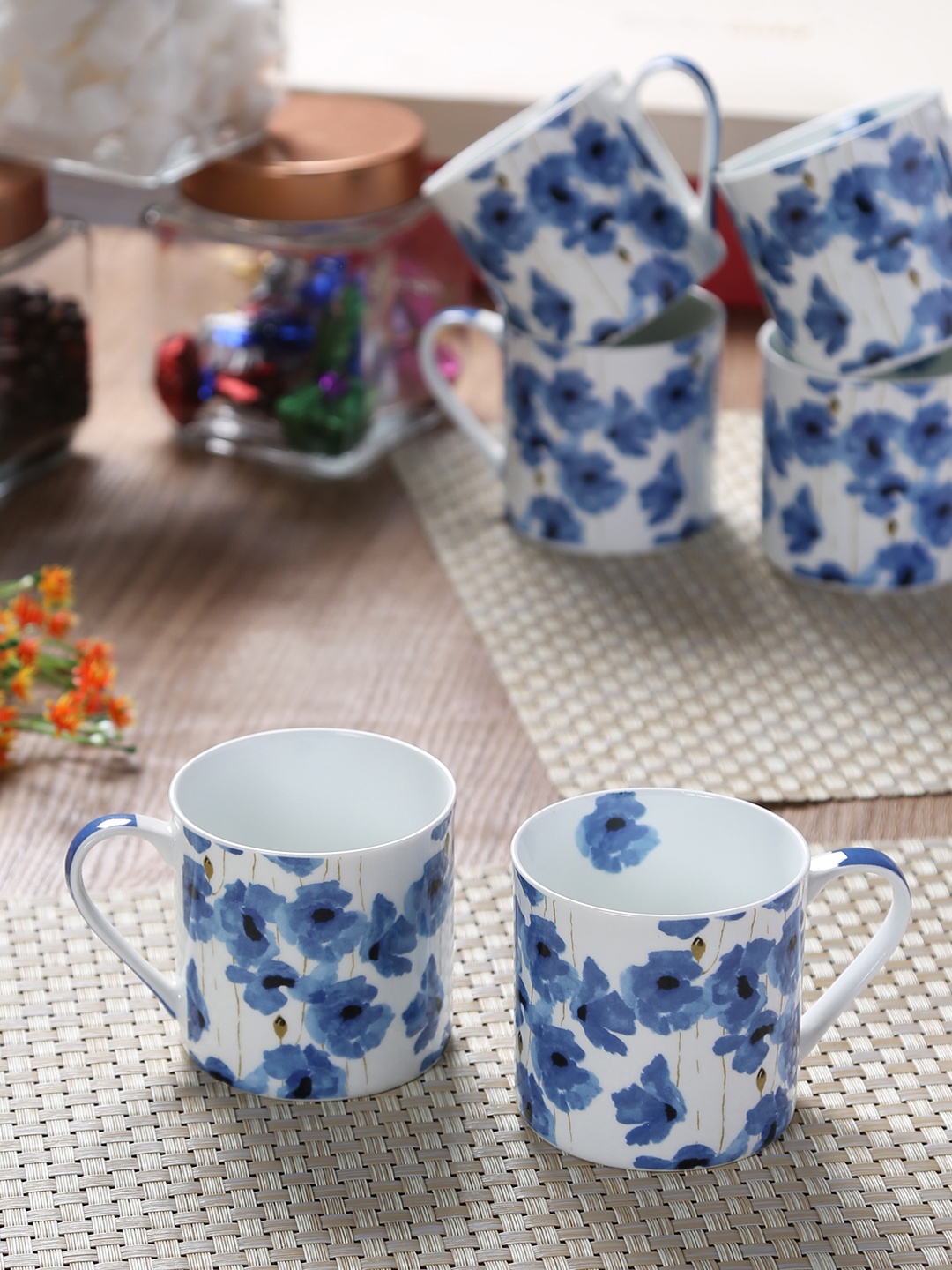 

GOODHOMES White & Blue 6-Pieces Printed Bone China Cups Set