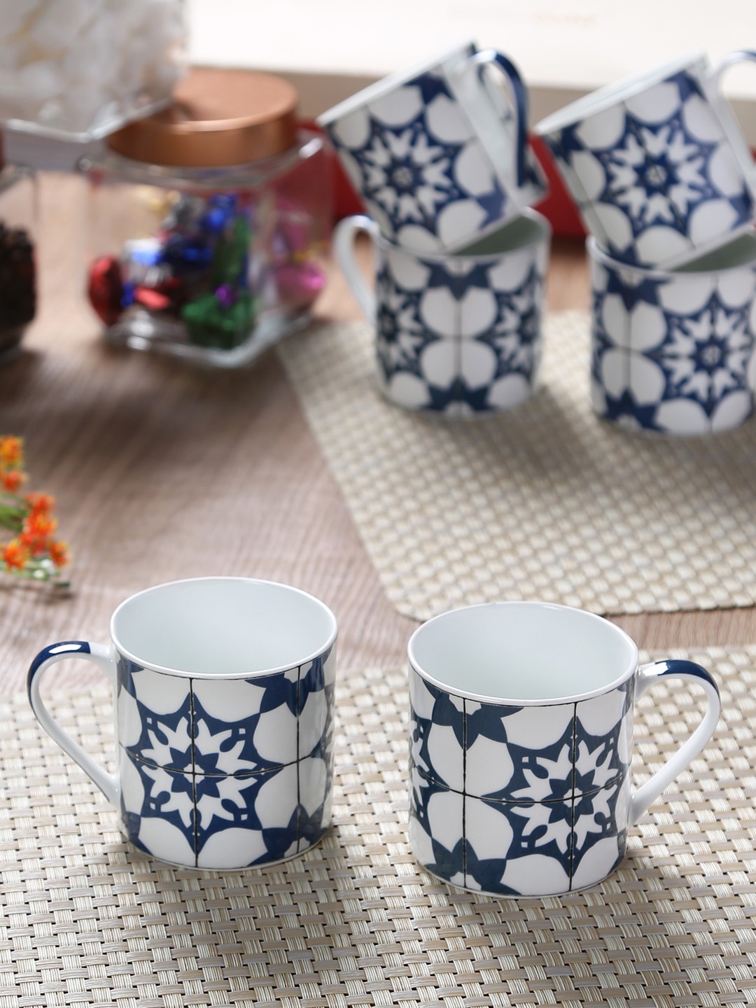 

GOODHOMES White & Blue 6-Pieces Printed Bone China Cups Set