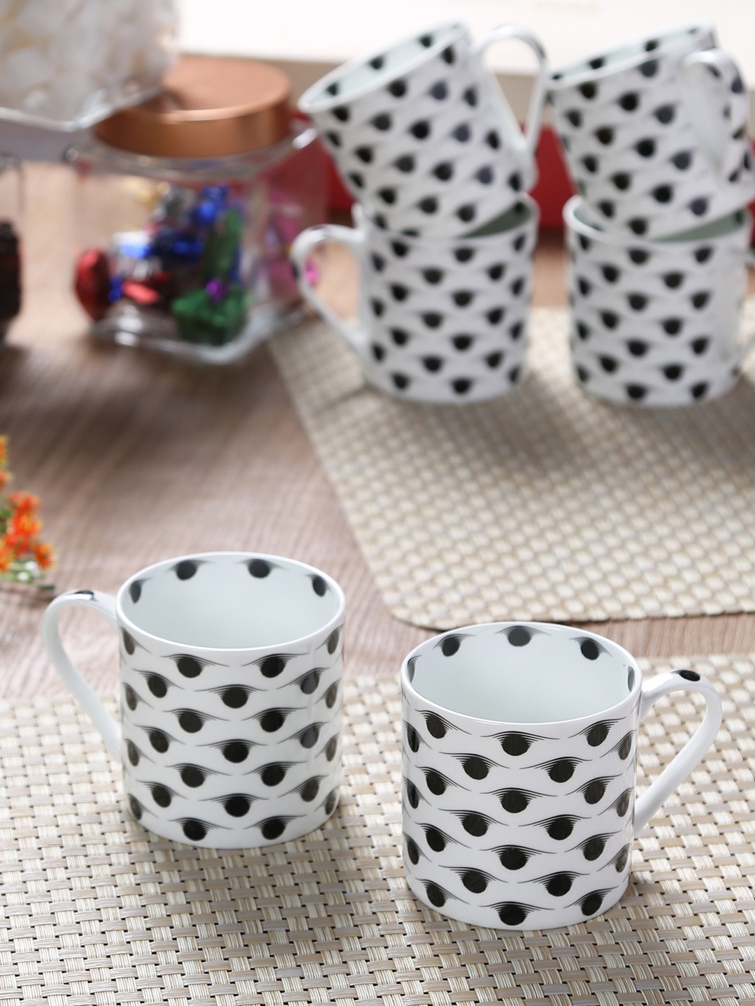 

GOODHOMES White & Black 6-Pieces Printed Bone China Cups Set