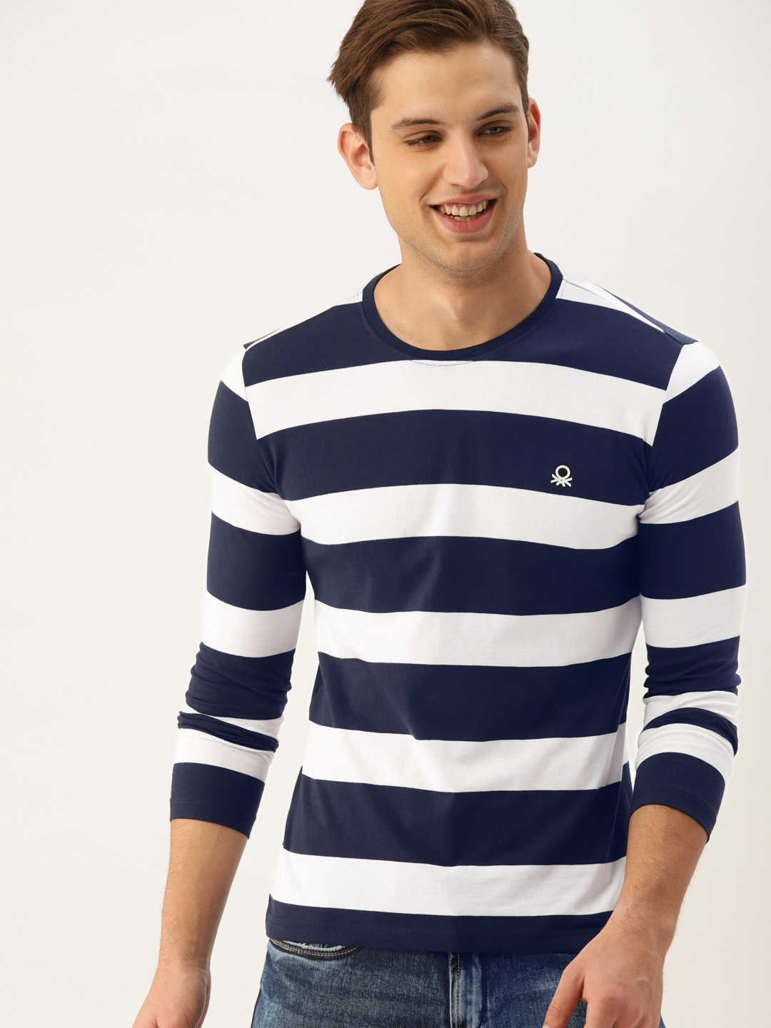 

United Colors of Benetton Men Navy Blue & White Striped Round Neck T-shirt