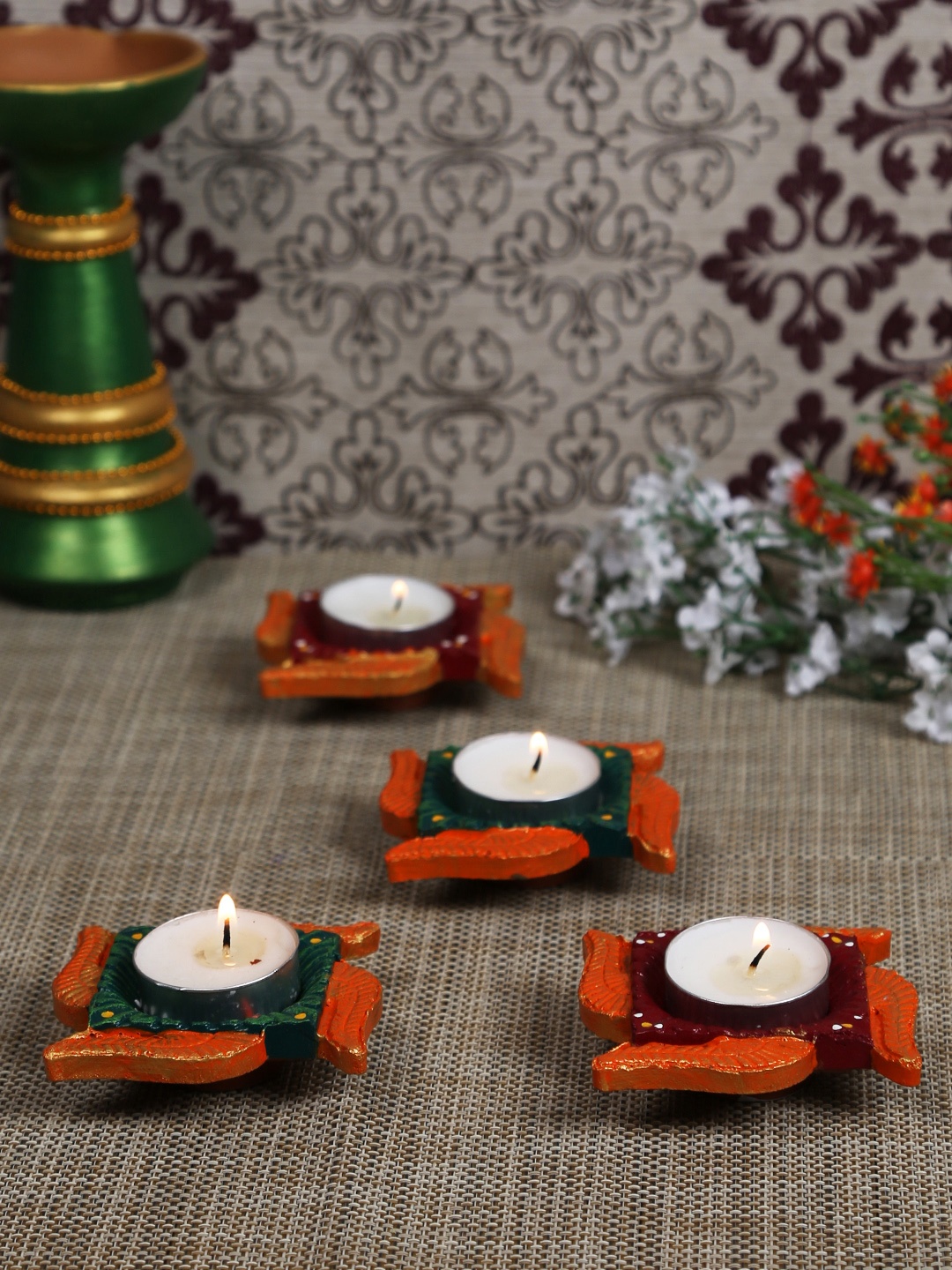 

Aapno Rajasthan Green & Orange Handpainted Set of 4 Diwali Diya