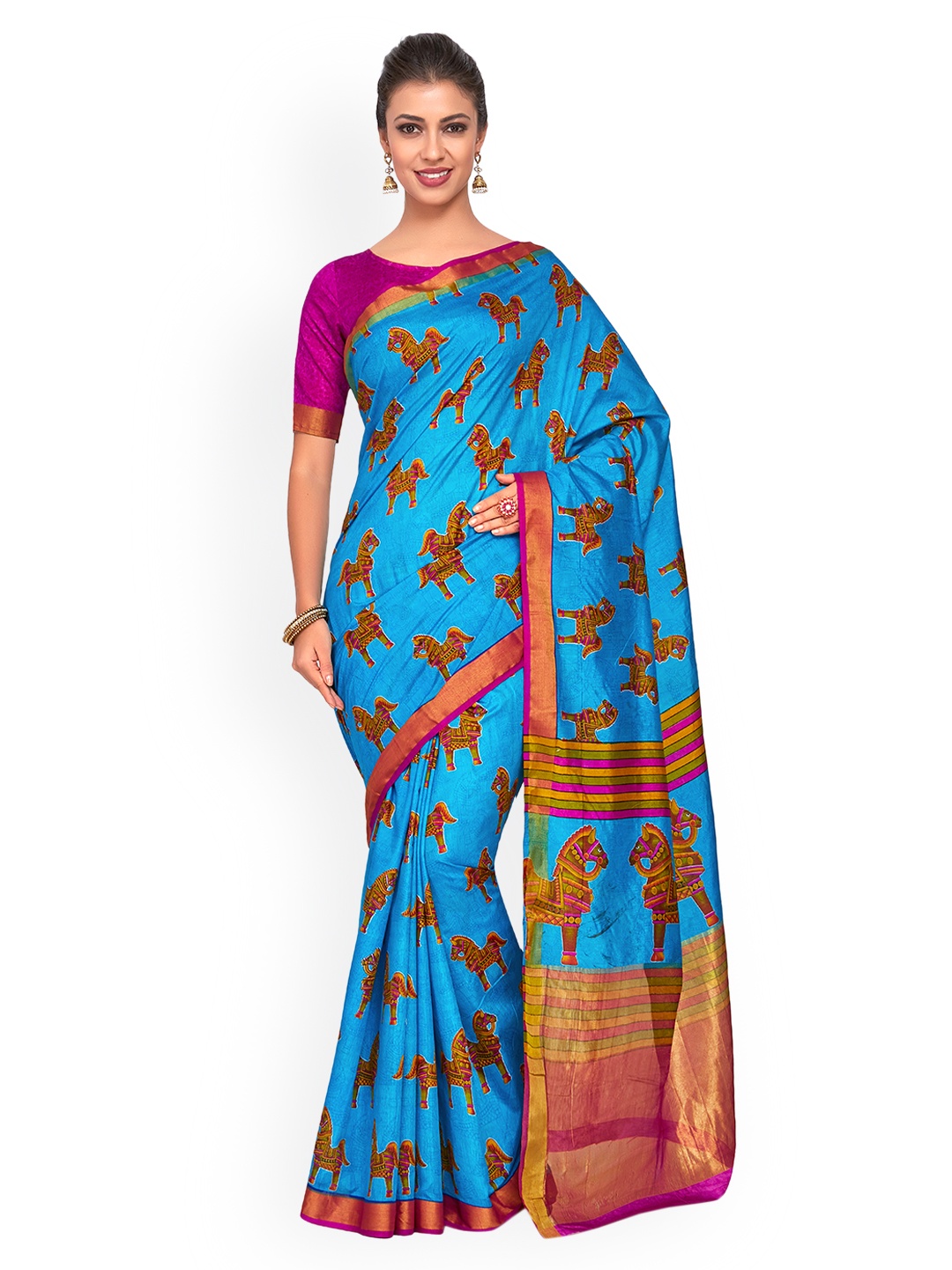 

KUPINDA Women Blue Art Silk Printed Ikat Saree