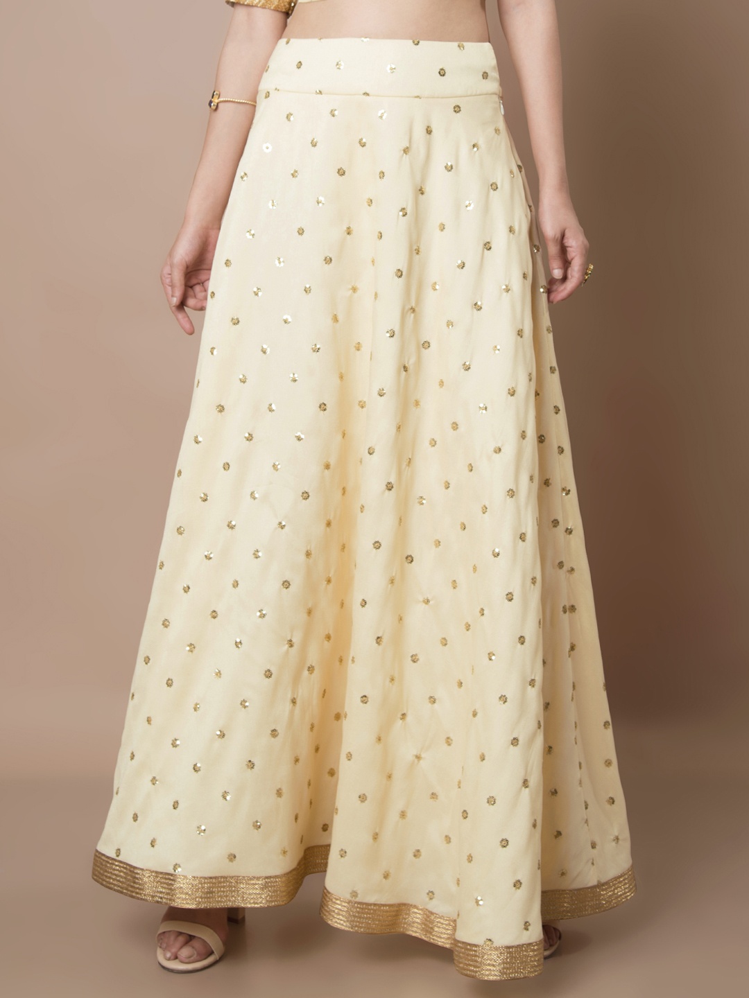 

INDYA Women Cream Polka Sequin Silk Maxi Skirt