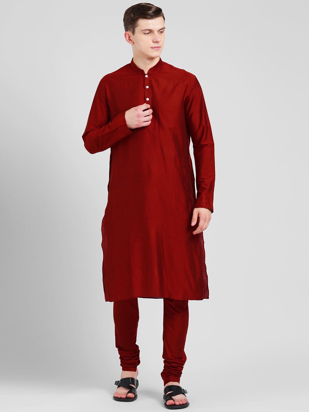 

KISAH Men Red Solid Banarasi Straight Kurta