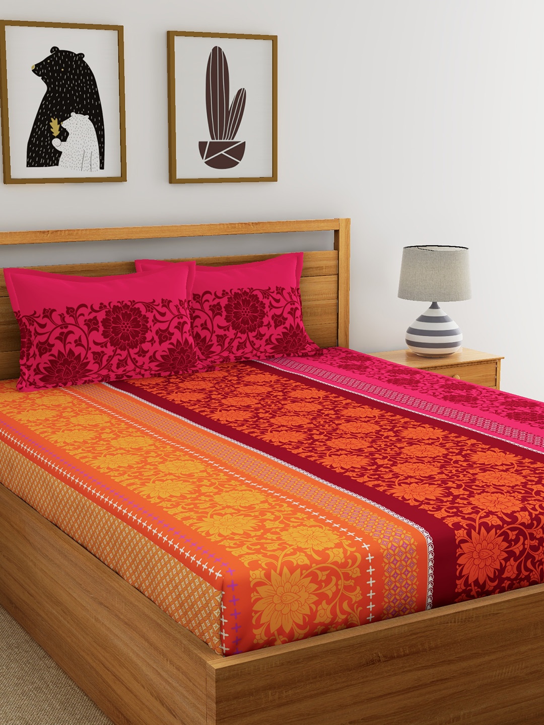 

Dreamscape Orange Red Floral Flat 144 TC Cotton 1 Queen Bedsheet with 2 Pillow Covers