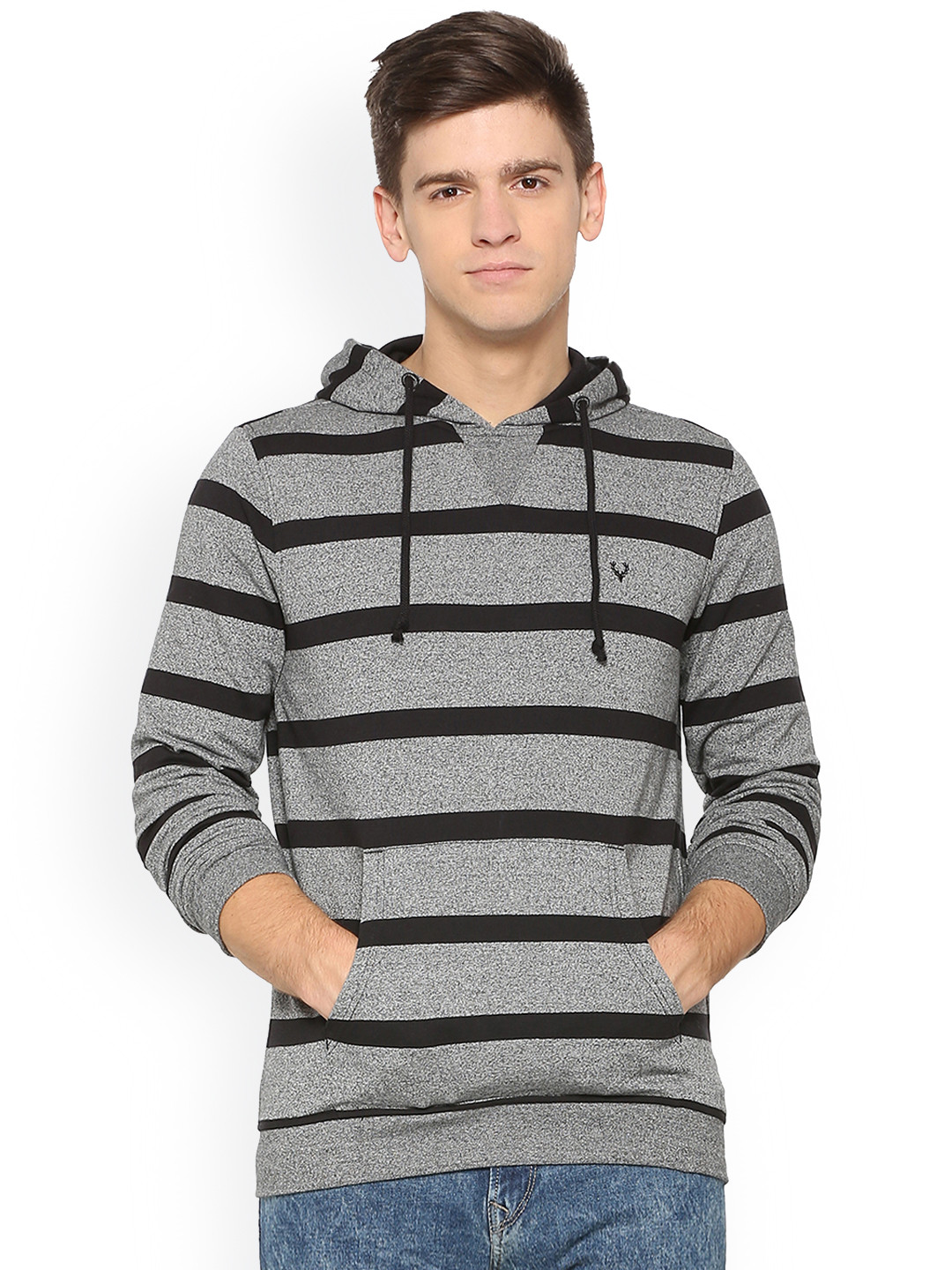 

Allen Solly Men Grey & Black Striped Hooded Sweatshirt