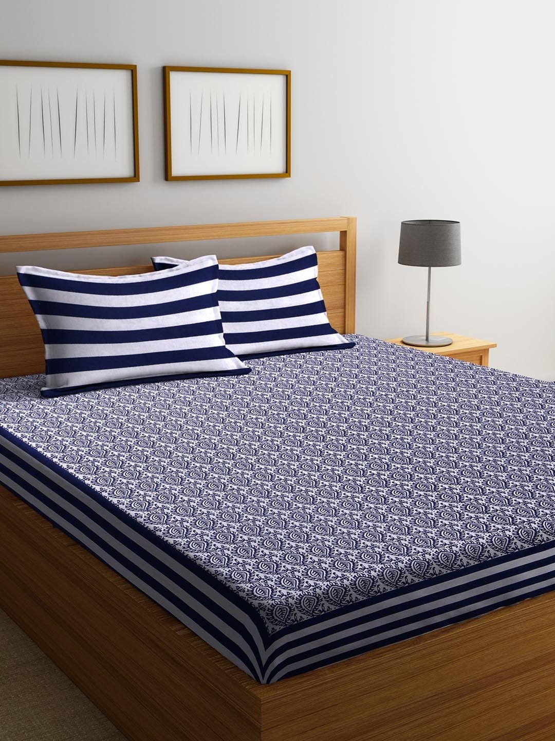 

Rajasthan Decor Blue & White Ethnic Motifs Flat 180 TC Cotton 1 King Bedsheet with 2 Pillow Covers