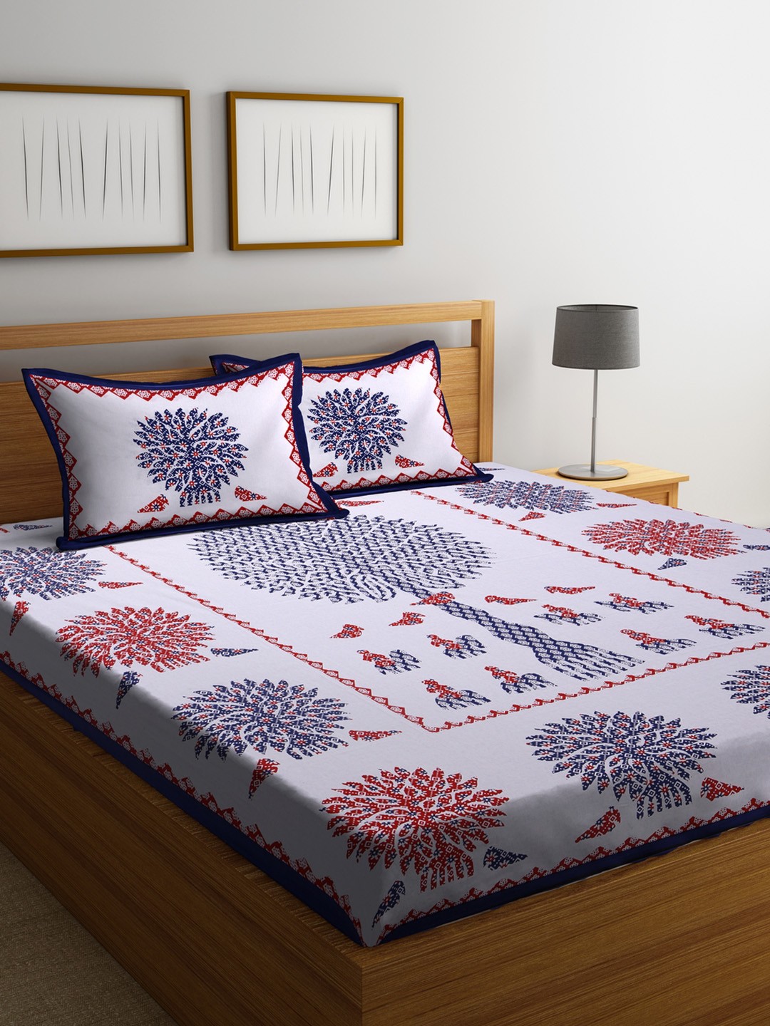 

Rajasthan Decor Off-White & Blue Floral Flat 180 TC Cotton 1 King Bedsheet with 2 Pillow Covers