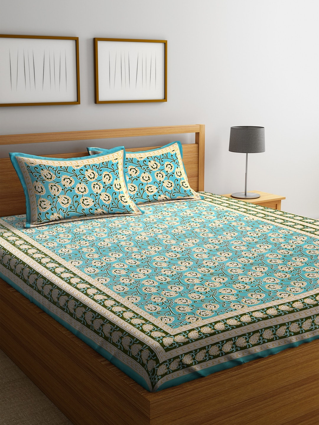 

Rajasthan Decor Green & Orange Floral Flat 144 TC Cotton 1 King Bedsheet with 2 Pillow Covers