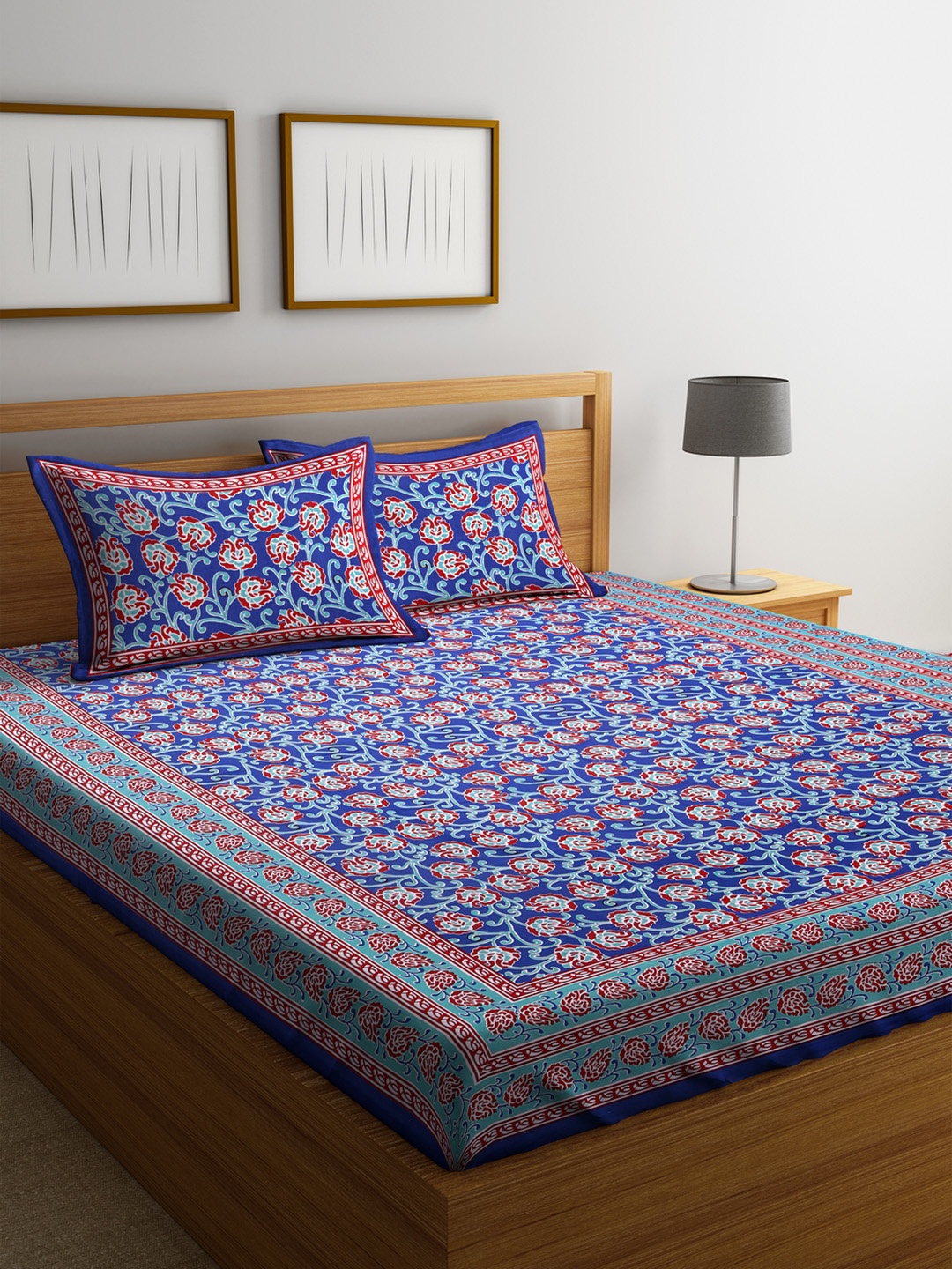 

Rajasthan Decor Blue Floral Flat 144 TC Cotton 1 King Bedsheet with 2 Pillow Covers