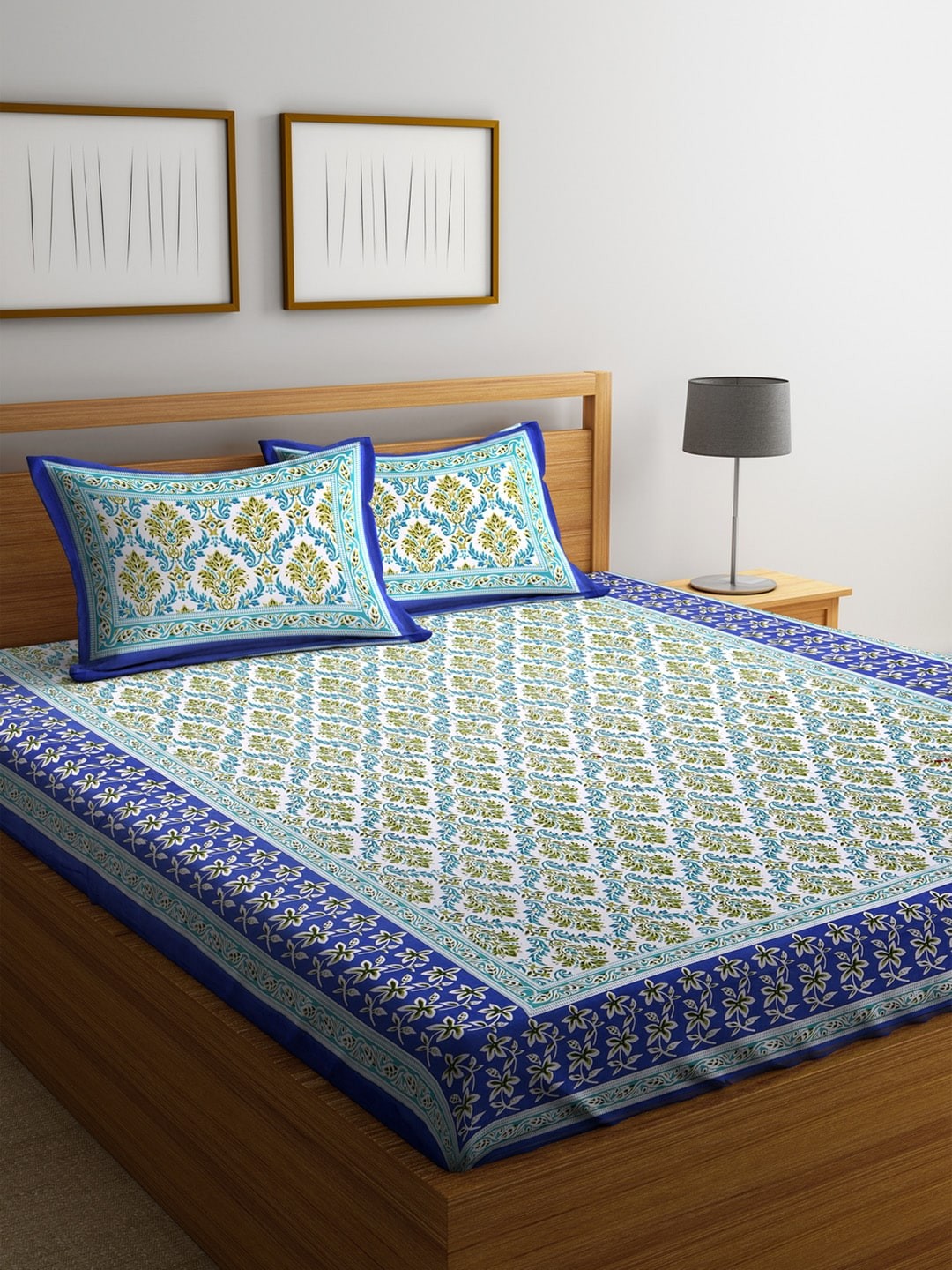

Rajasthan Decor Green & White Floral Flat 144 TC Cotton 1 King Bedsheet with 2 Pillow Covers