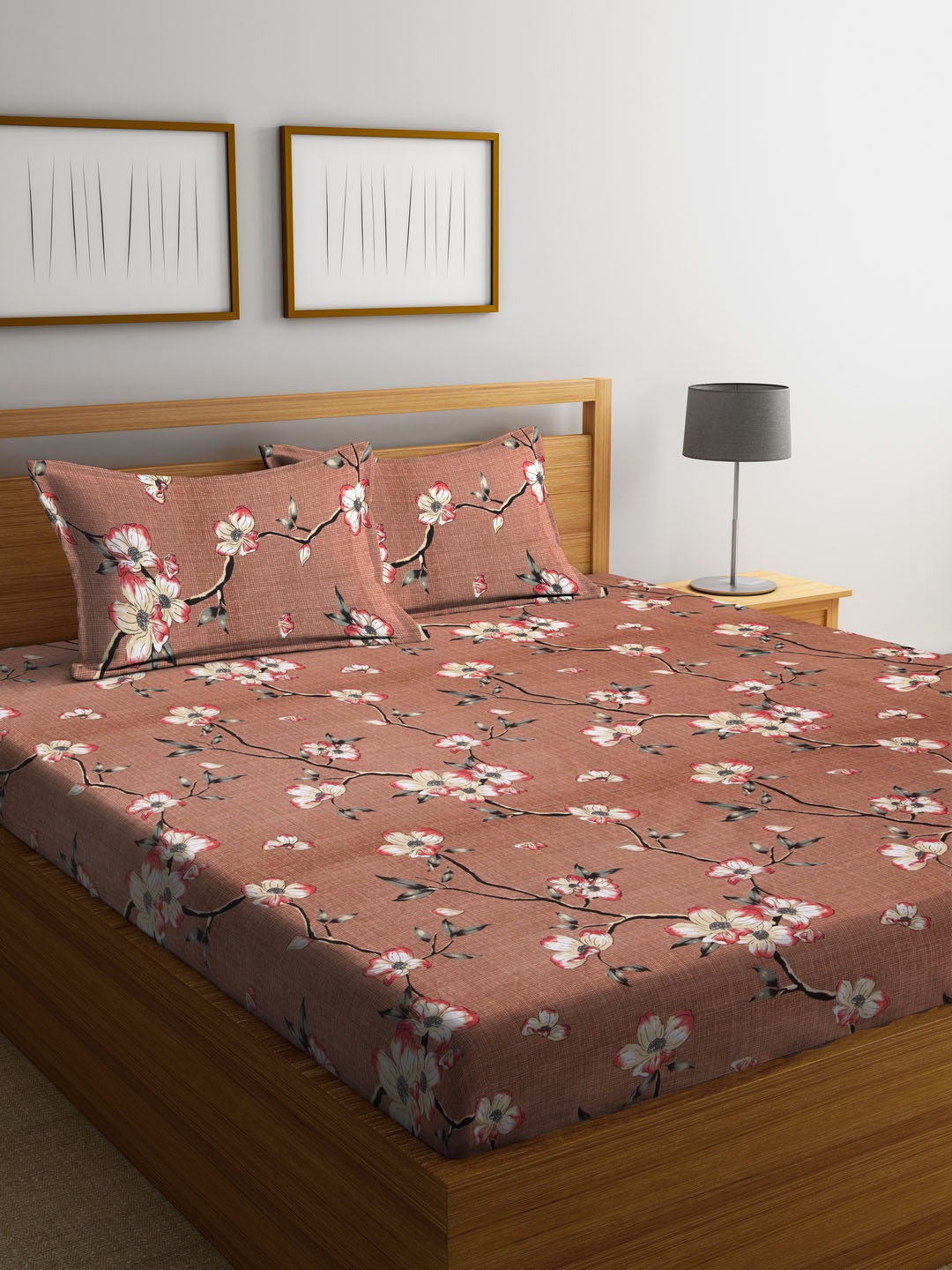 

Home Sizzler Brown Floral Flat 144 TC Cotton 1 Double Bedsheet with 2 Pillow Covers