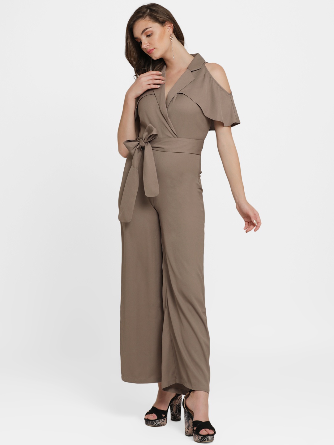 

Kazo Brown Solid Cold Shoulder Basic Jumpsuit